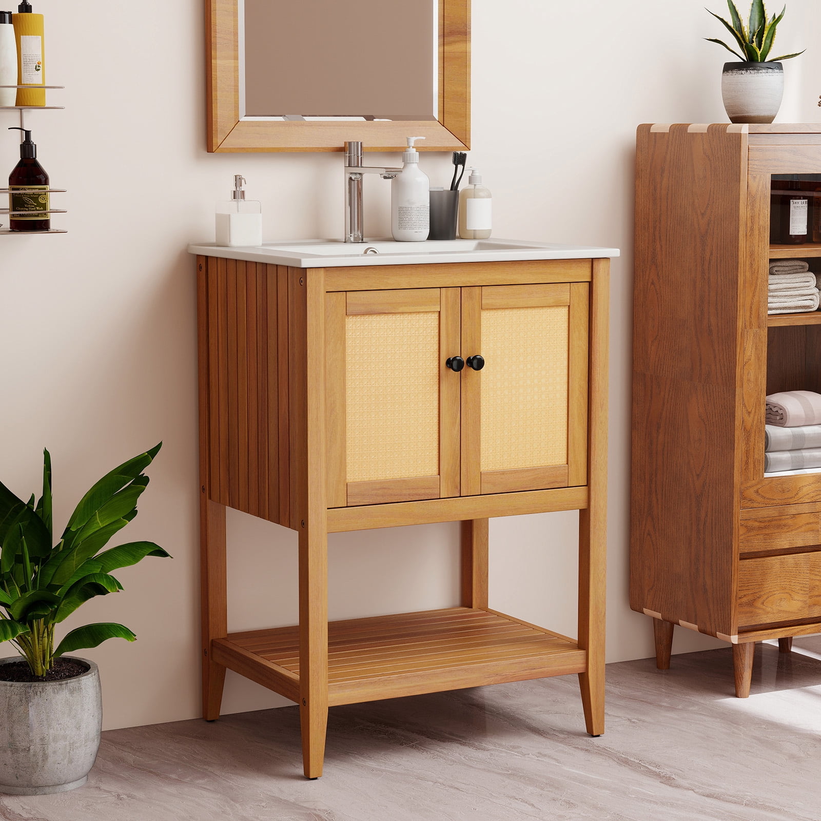 Gymax 24'' Bathroom Vanity w/ Sink 2 Rattan Doors & Open Slatted Shelf Freestanding