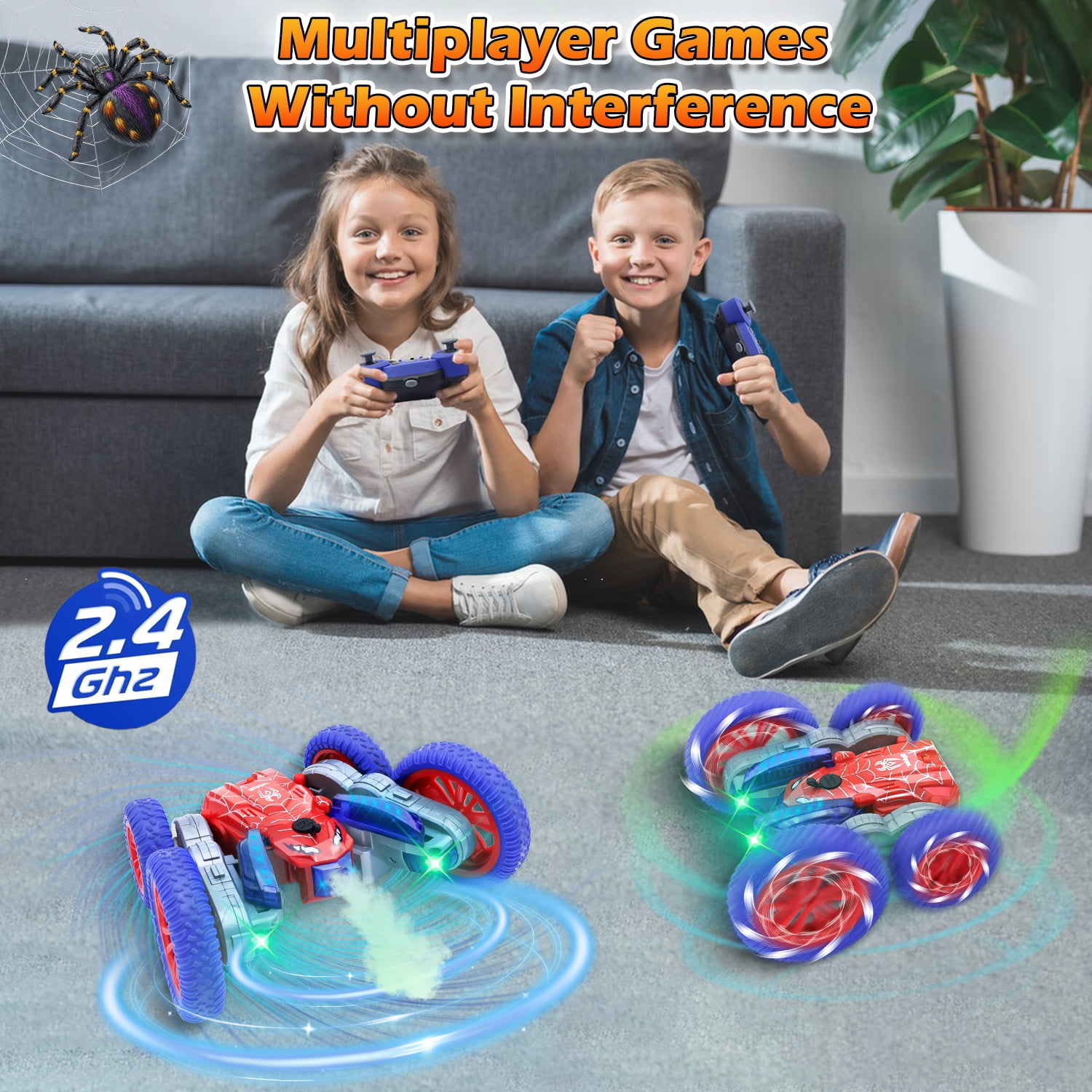 Spider Remote Control Car - 2.4Ghz 4WD RC Stunt Car with 360° Rotation Displays 4 LED Texts, Spray Function, LED Lights, Rechargeable Battery, for Boys and Girls