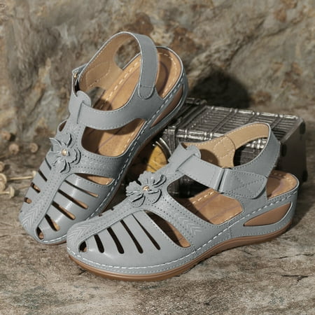 

〖Yilirongyumm〗 Grey 40 Sandals Women Shoes Bohimian Hook Ladies Hollow Sandals Wedge Flower ＆ Womens Vintage Out Loop Women s Sandals