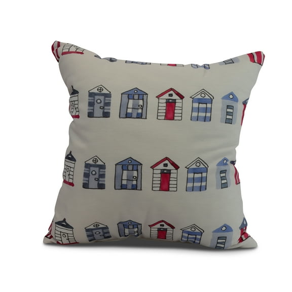 Simply Daisy, 16" x 16" Multi Beach Hut, Stripe Print Outdoor Pillow, Ivory