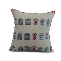 Simply Daisy, 16" x 16" Multi Beach Hut, Stripe Print Outdoor Pillow, Ivory