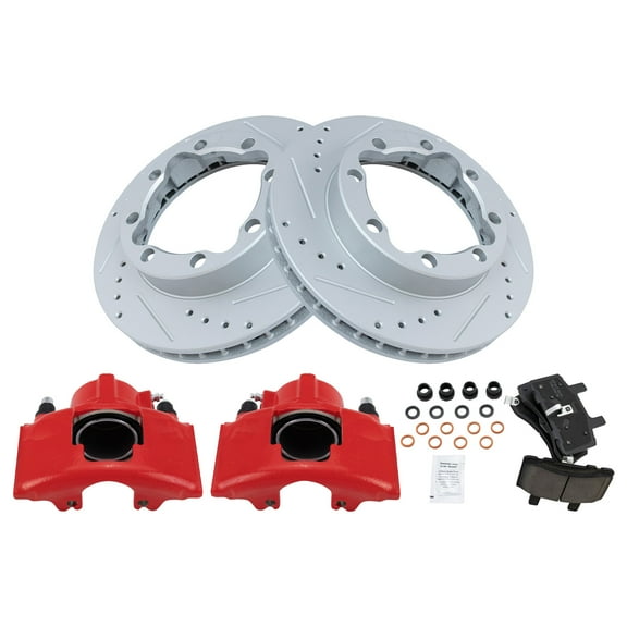TRQ Front Performance Brake Pad & Rotor Kit Brake Caliper Brake Pads Brake Rotors Set Ceramic Premium G-Coated Red Fits Select 1995-1997 Chevrolet K2500 Suburban GMC