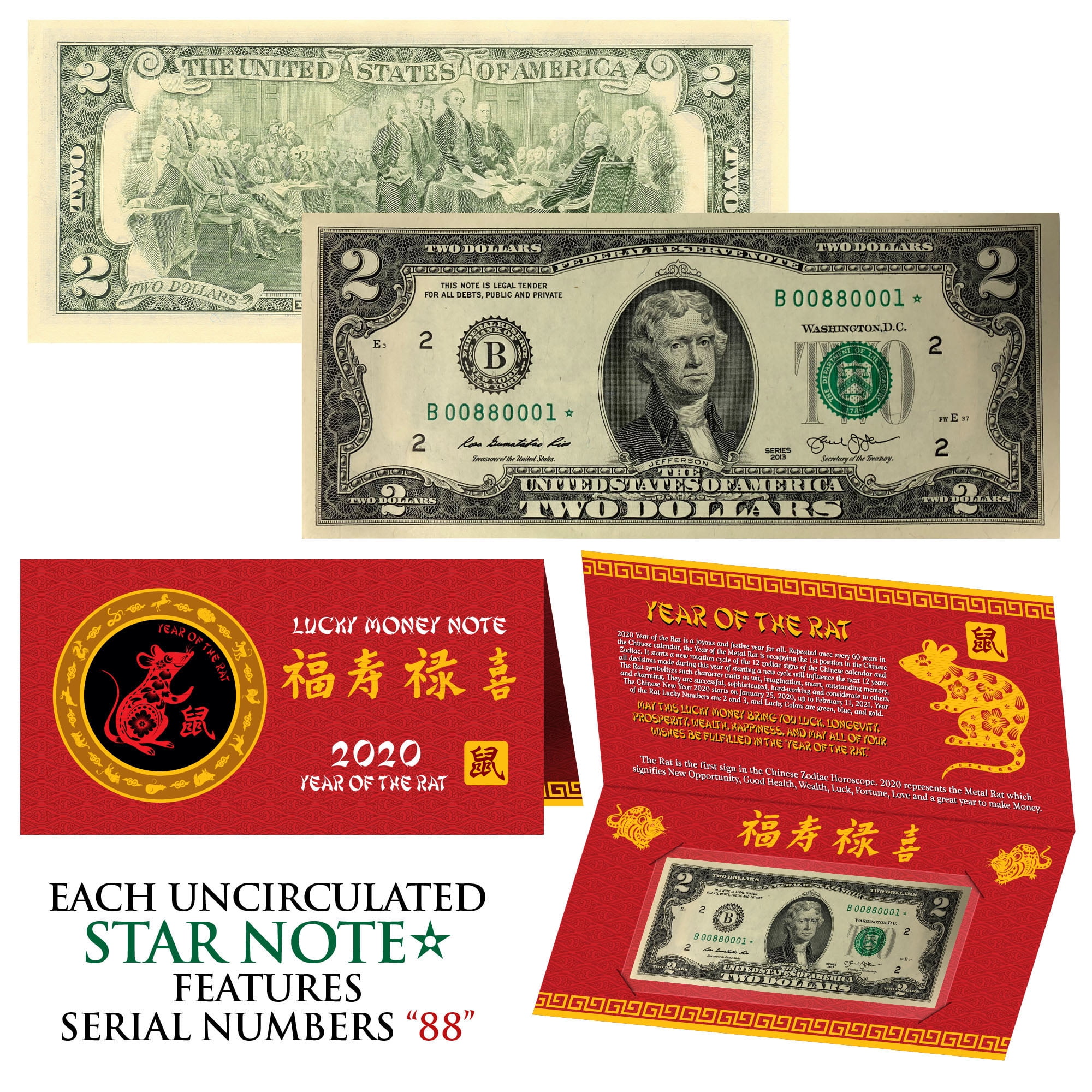 2020 STAR NOTE Lunar Year of the RAT Lucky Money $2 US Bill w/ Red Folder  S/N 88