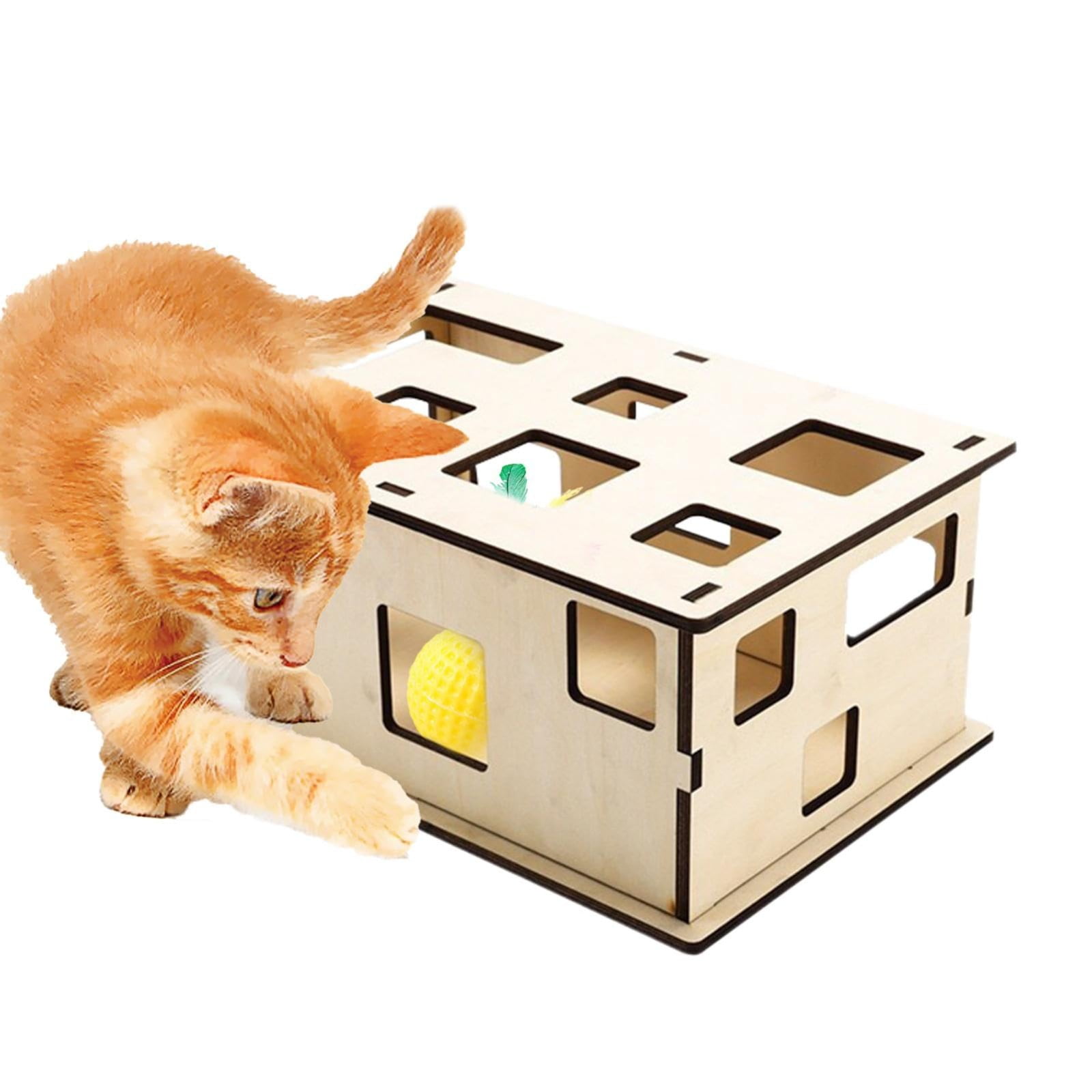 Cat Puzzle Toys Wooden Maze Box for Indoor Cats，Interactive Smart Brain Trainer with Hide and Seek Ball Game，Mental Enrichment Toys to Reduce Boredom，Natural Wood，Wood Color