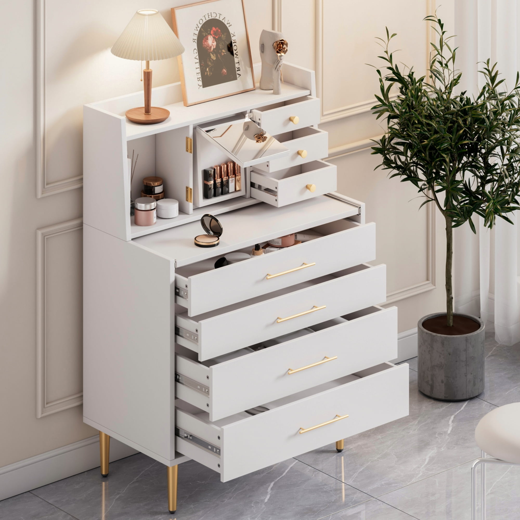 Vanity Makeup Table With Mirror, Storage Dresser With 7 Drawers-modernluxe  : Target