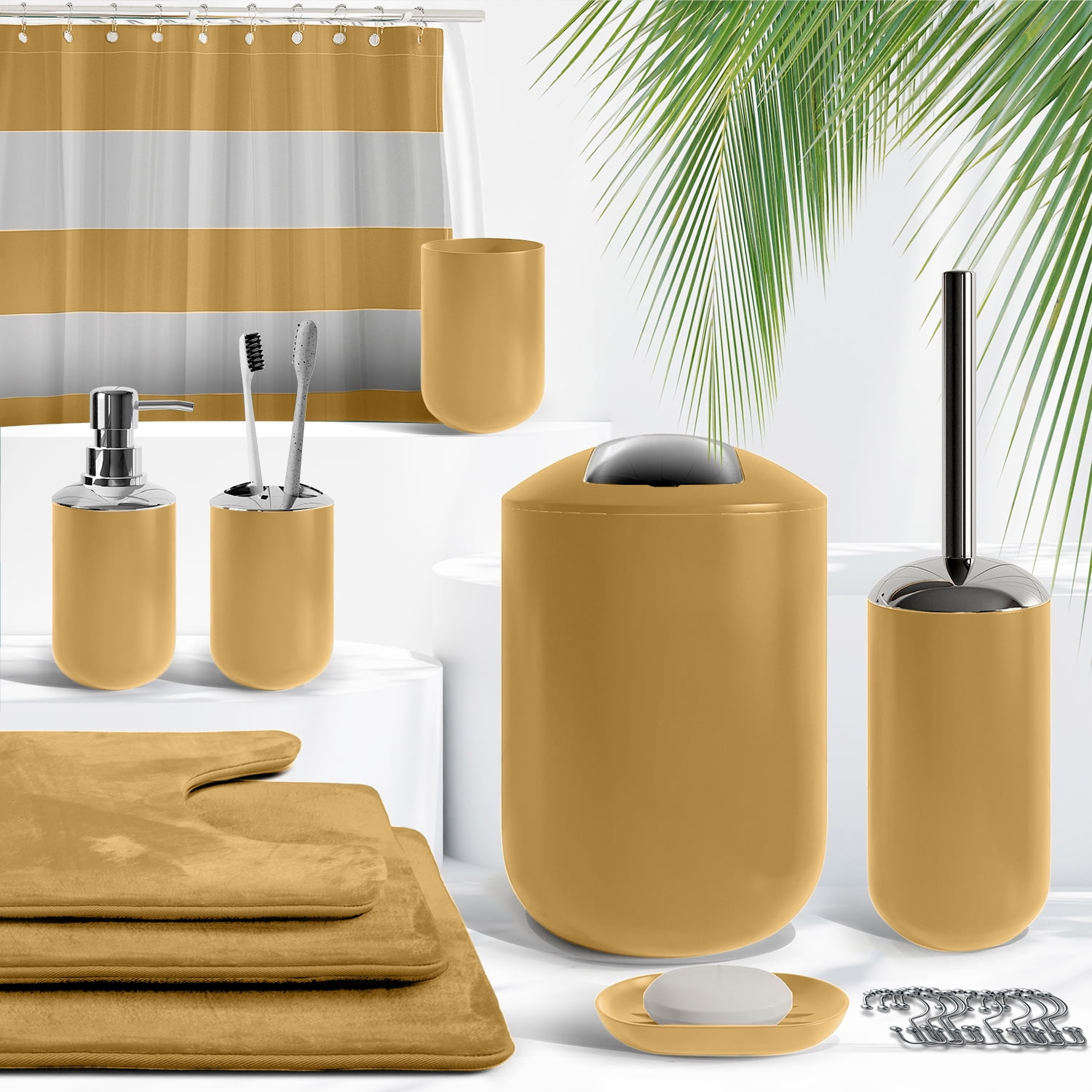 Nestl 23 Piece Bathroom Accessory Gift Set, Bathroom Shower Curtain Set, And Bath Rug Set, Gold