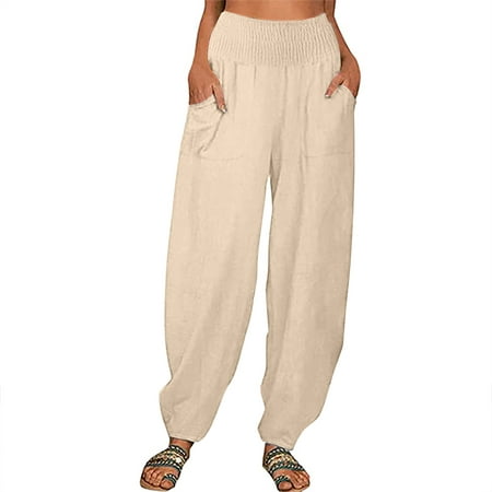 

YanHoo Women s Baggy Pants Linen Buttons High Waist Tapered Trouser Solid Loose Jogger Pants with Pockets