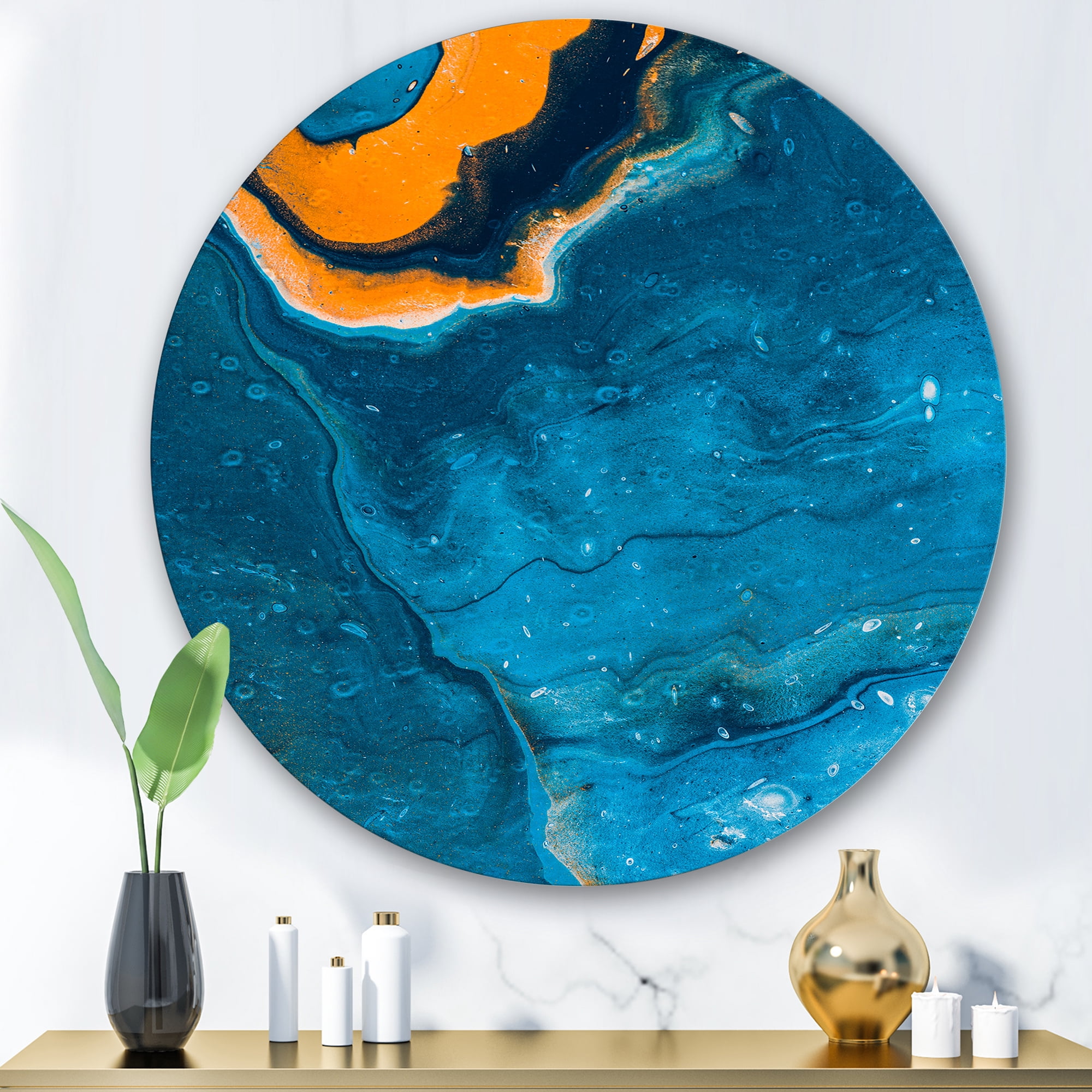 Designart 'Abstract Marble Composition In Orange and Blue III' Modern Circle Metal Wall Art 29x29 - Disc of 29