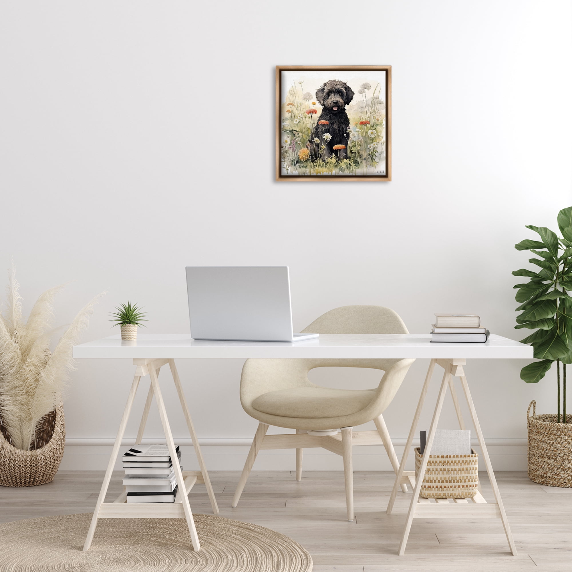 Stupell Industries Black Terrier in Meadow Animals & Insects Painting Brown Floater Framed Canvas Art Print Wall Art, 18 x 18