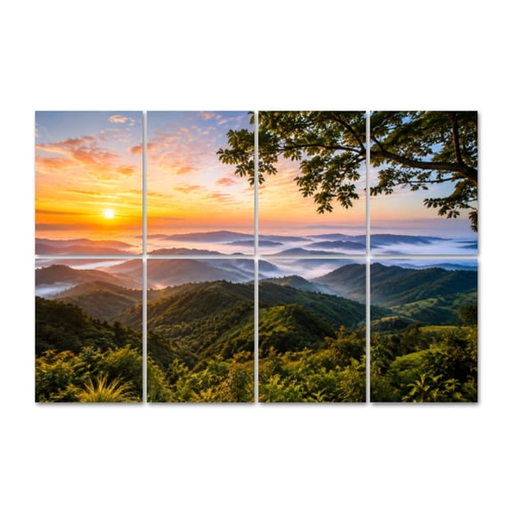 8 Pack Art Acoustic Panels Foggy Sunrise Mountains Self-Adhesive Decorative Sound Absorbing Wall Panels, Sound Panels for Recording Studio Living Room 48"x32"