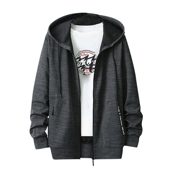 IYTR Mens Jackets Long Sleeve Jacket Zipper Hooded Neck Loose Hooded Drawstring Jackets with Pocket Solid Color Dark Gray XXL