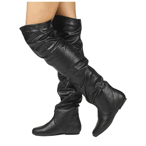 Dakaela Women's Over The Knee Slouchy Boots Leather Western Thigh High Tall Boot Non Slip Fall Winter Flat Riding Boots Black 6