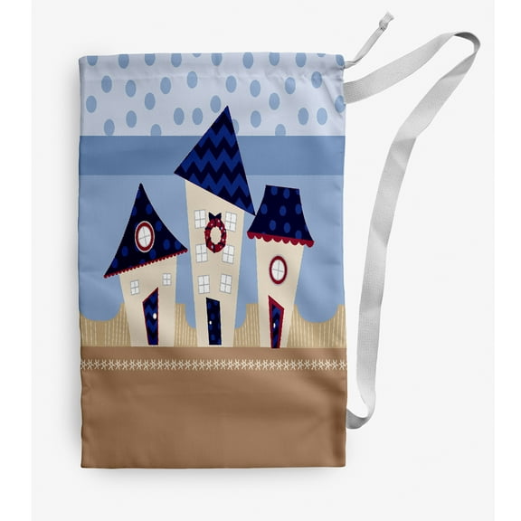 Simply Daisy Coastal Houses 18 x 29 in Blue Laundry Bag