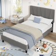 thumbnail image 4 of Yeshouse estructura de cama tipo plataforma tapizada en lino con cabecero ajustable y capitoné geométrico, para colchones de 8" a 14", listones de madera, silenciosa, no requiere somier, 4 of 7