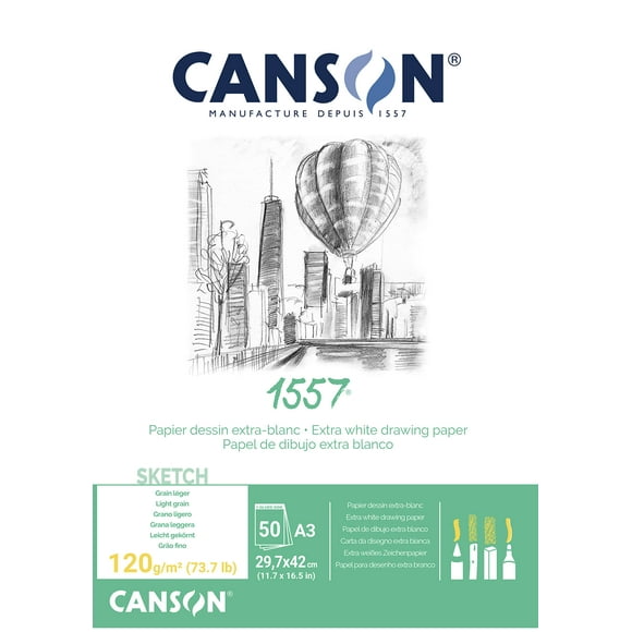 CANSON 1557 Extra White 120gsm A3 Sketch Paper, Light Grain, 50 Sheets, Ideal for Professional Artists & Illustrators