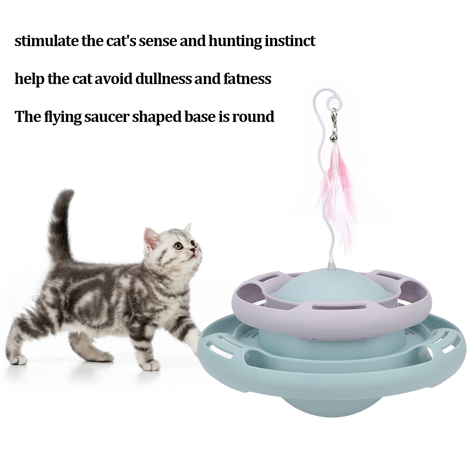 BIMZUC Interactive Cat Turntable Toy with Teaser Wand, Puzzle Track Ball Kitten Toys, Light Blue/Purple, 9.8 in / 25 cm