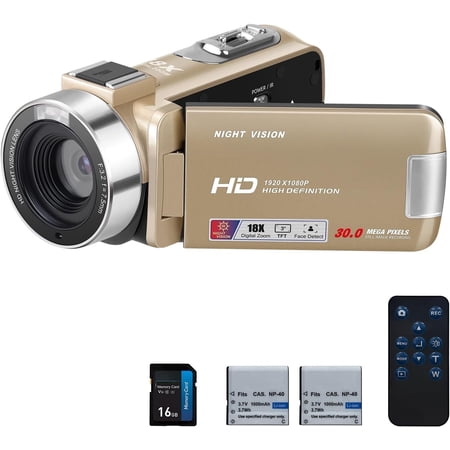 Video Camera Camcorder 1080P 30FPS Digital Camera, IR Night Vision Vlogging Video Camera for Beginners YouTube, 3.0'' IPS Screen 18X Zoom Camcorder with 16G Card, 2