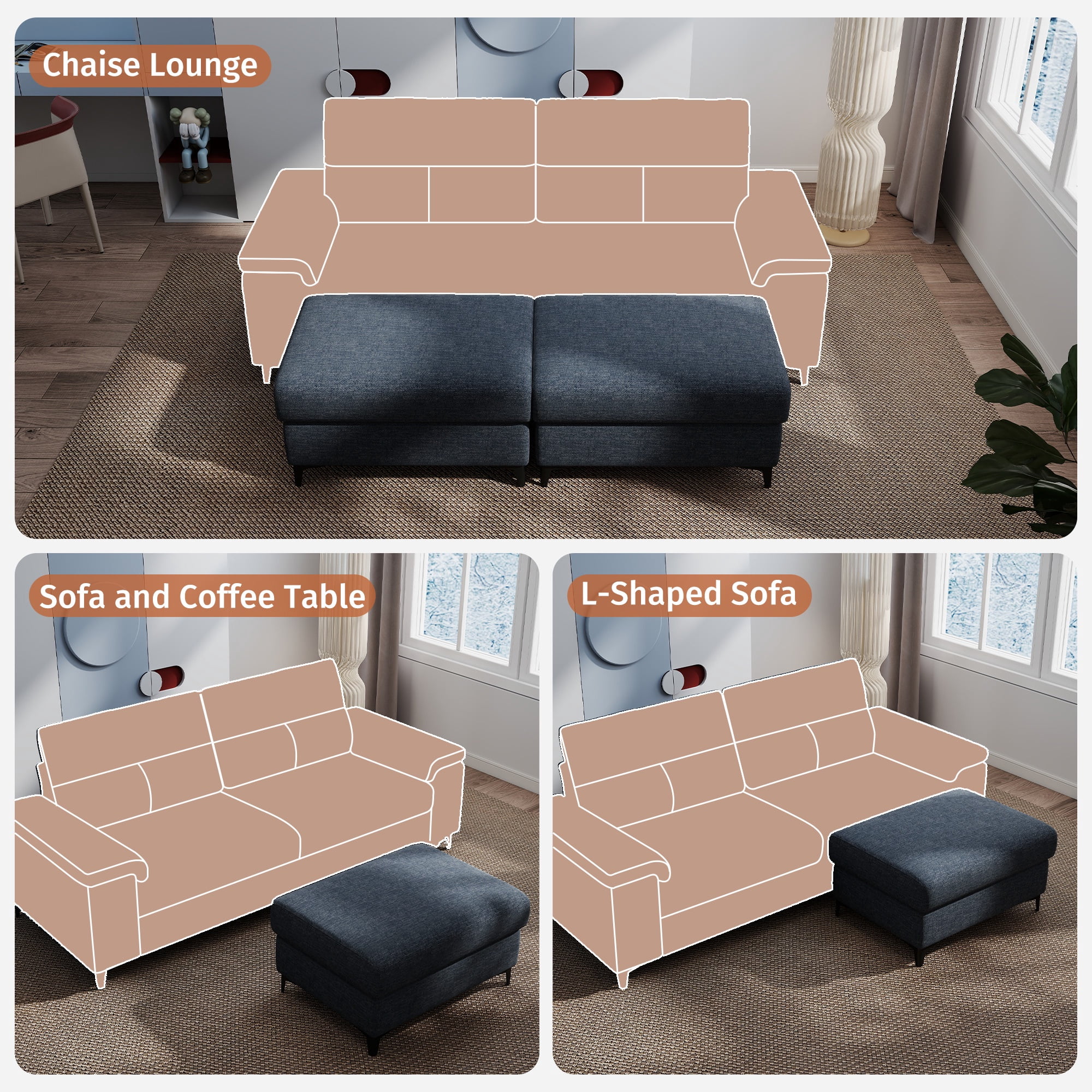 Modular Storage Ottoman for Sectional Sofa Chenille Upholstered Footrest Stool for Living Room Blue