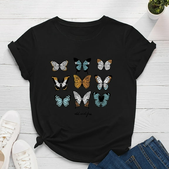 ALLLIST Summer Tops for Women Crew Neck Black T-Shirts Short Sleeve Trendy Butterfly Shirts Clothing for Women
