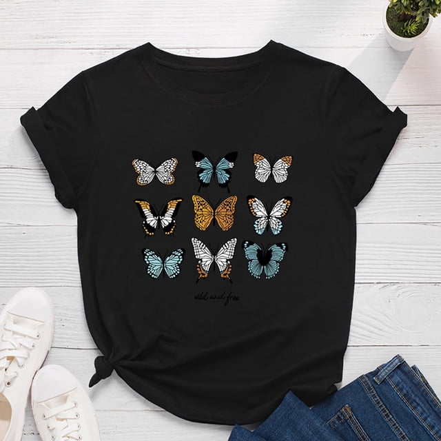 SMihono Hauts pour Femmes Été Décontracté Mode Féminine Décontracté Ample Imprimé Papillon Col Rond T-Shirt Grande Taille