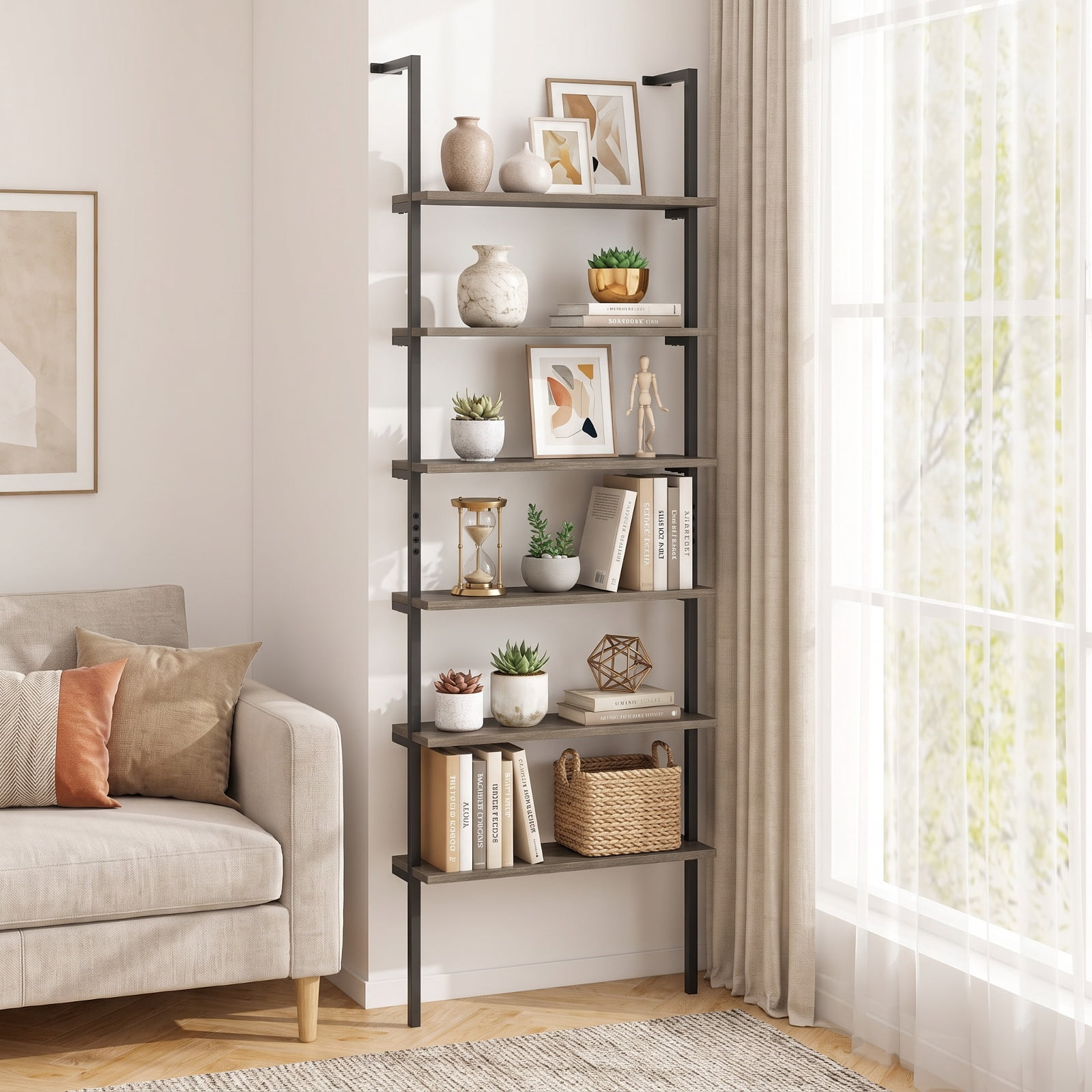 Furnibear 6-tier Ladder Shelf 72 Inches Industrial Wall Mounted Bookshelf for Living Room Home Office Bedroom Display Storage Shelf, Oak