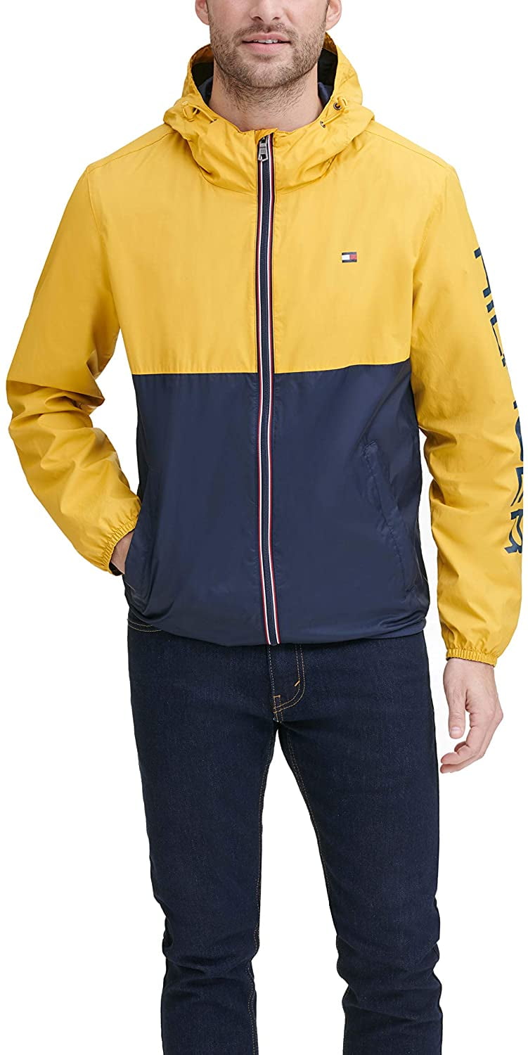 Tommy Hilfiger Men's Colorblocked Logo Rain Slicker Jacket, Yellow/Navy ...