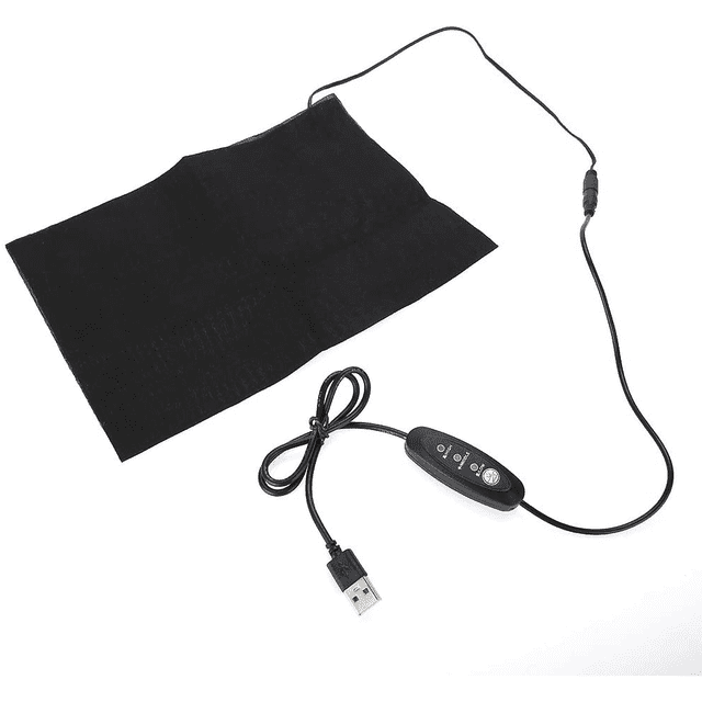 almohadilla eléctrica malubero malu1624 con ajustes de temperatura de 3 niveles negra, almohadilla rectangular plana negra con funda textil, cable USB y control de mano con botones para 3 niveles; costuras visibles y superficie lisa sobre fondo blanco. Indicada para terapia de calor y adecuada para relajación muscular.
