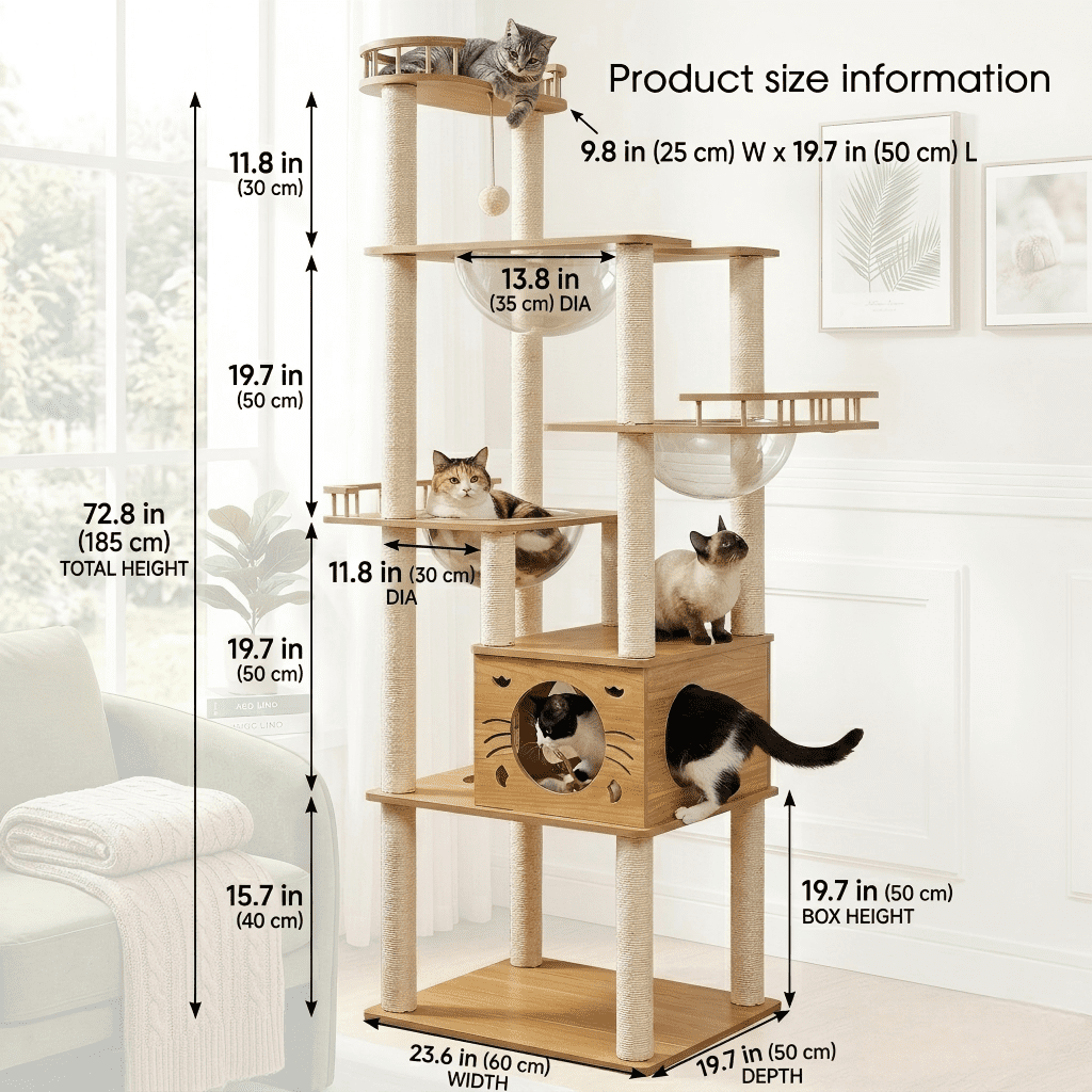 Mekidulu 73in Modern Wood Cat Tree Tower with 3 Space Capsules, 7-Level Indoor Condo, Natural