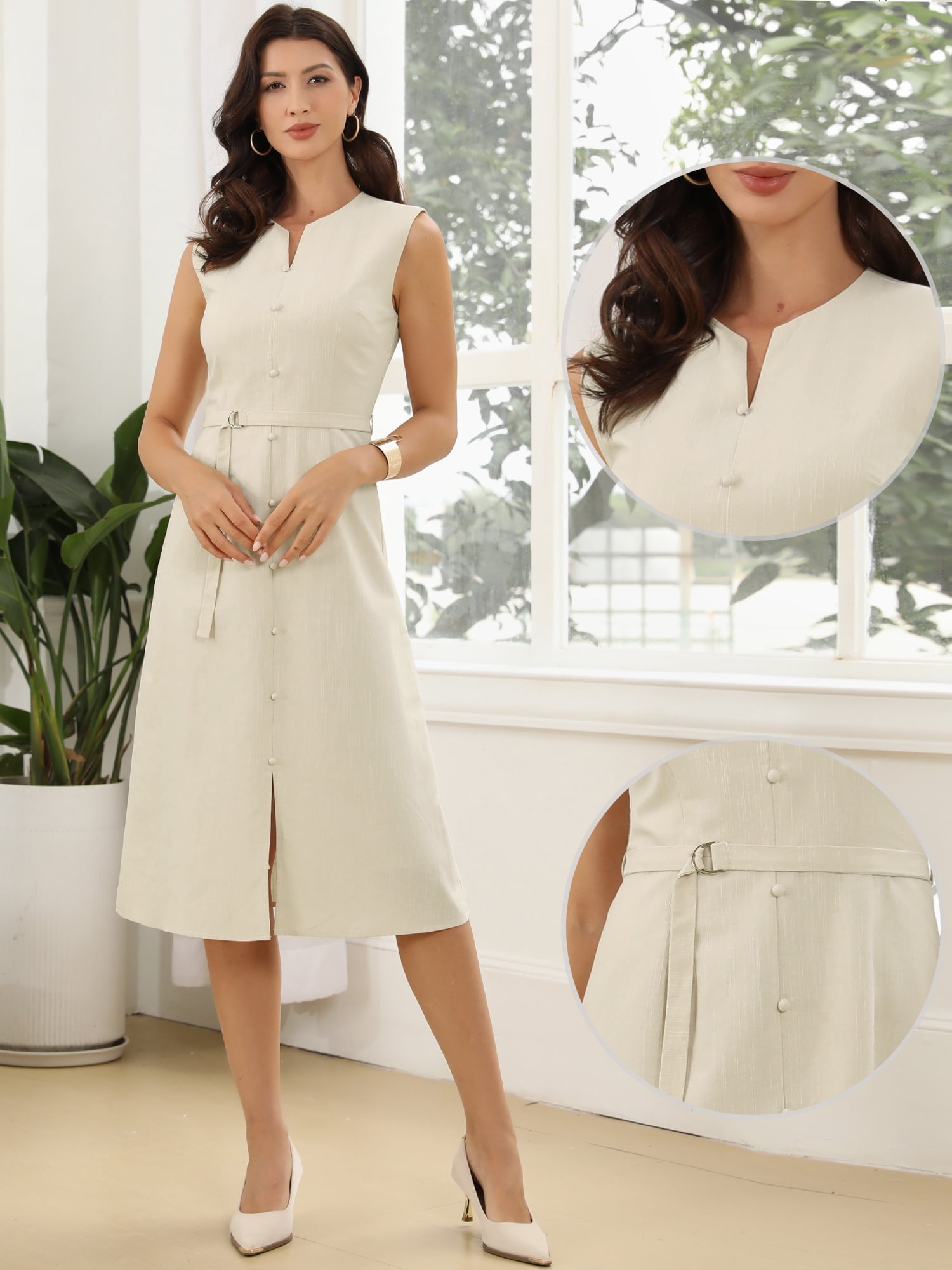 DARING DIVA Women's Linen A-Line Sleeveless Crew Neck Business Work Dresses XL Apricot