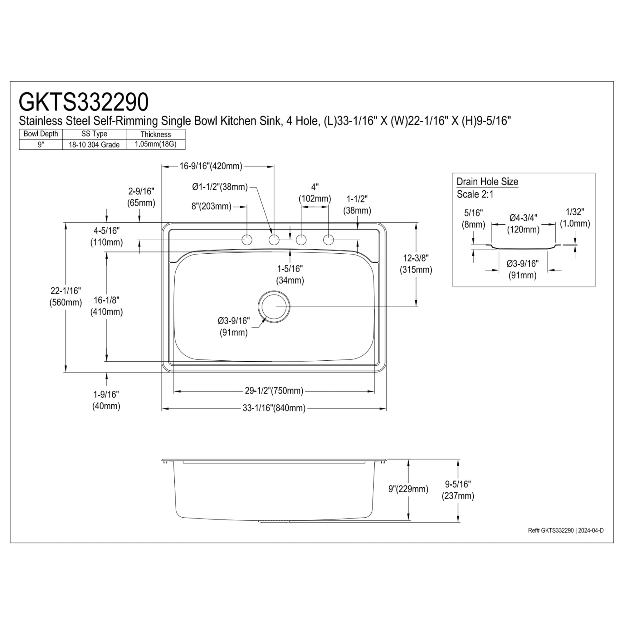 Gourmetier GKTS332290 Studio 33" Stainless Steel Self-Rimming Single Bowl Drop-In Kitchen Sink, Brushed