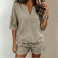 thumbnail image 6 of Women's Cotton Elastic Waist Two Piece Outfit V Neck Ruffle Short Sleeve Top with Shorts, Solid Casual Summer Set, Lounge Maternity Activewear Shorts | VerBelle,Khaki L, 6 of 8