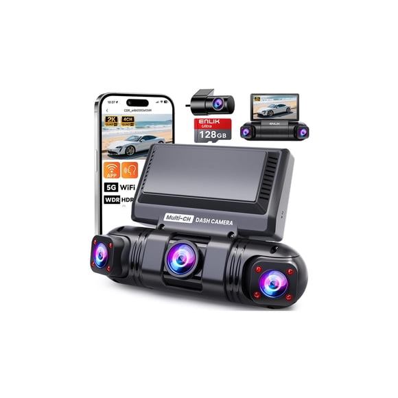 ENLIK Caméra de Tableau de Bord avant et Arrière 360 Dashcam Caméra de Voiture 4 Canaux Caméra de Tableau de Bord pour Voitures, QHD 2K+1080P*3 Caméra avec Carte 128 Go, Wi-Fi 5G et Contrôle par APP, Nig