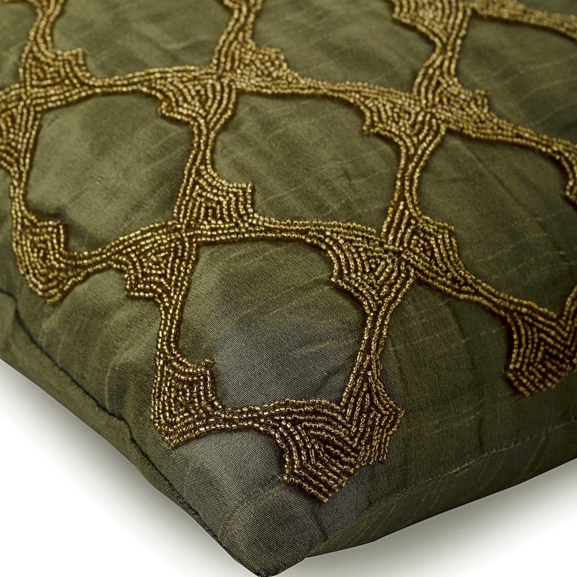 Pillow Cover Zipper, Earth Green Pillow Cover, Gold Beaded Lattice Trellis Pillow Cover, 14x14 inch (35x35 cm) Pillow Cover, Square Silk Pillow Cover Couch, Geometric - Tarnished Gold