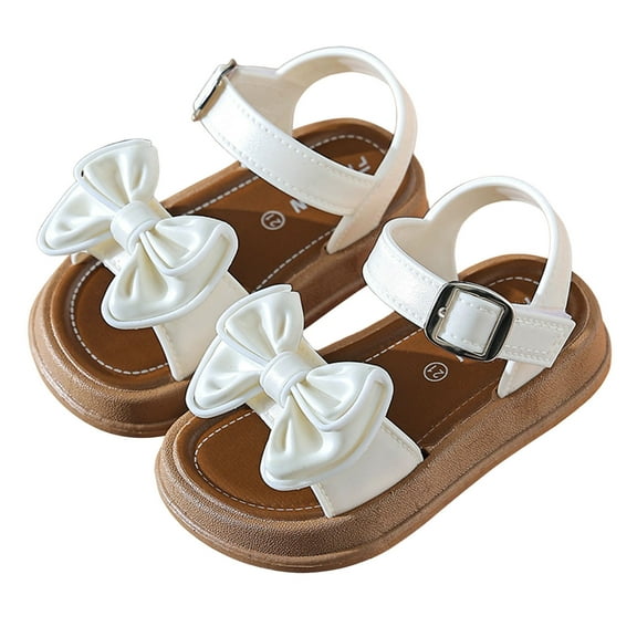 Krdevn Toddler Girls Summer Sandals - Black-White Bow Lightweight Breathable Sole Footwear for Outdoor Casual Walking,7-7.5 Years