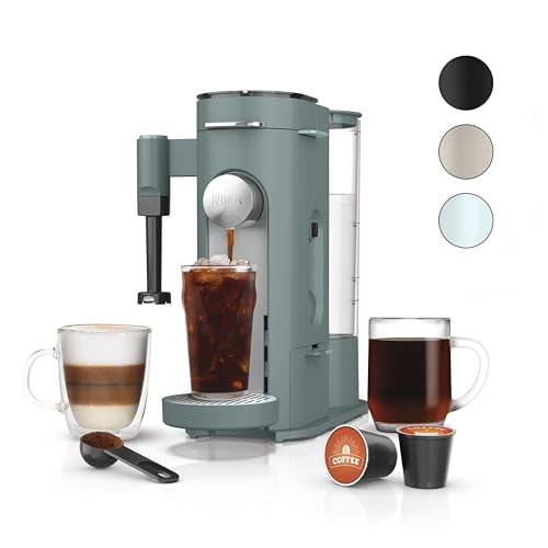 Cafetera monodosis especial Ninja Pods & Grounds, compatible con cápsulas K-Cup, espumador de leche incorporado, 6 oz. Taza a 24 oz. Tamaños de tazas de viaje, cafetera helada, 1550 vatios, verde salv