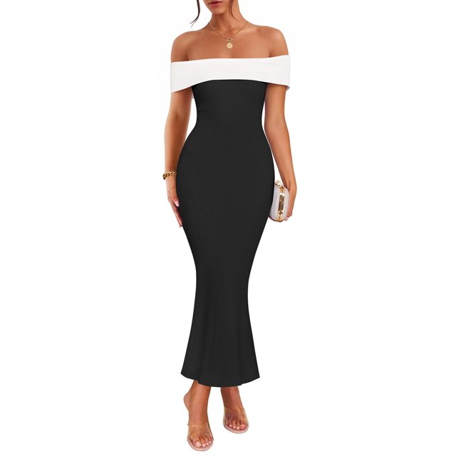 Vestido largo ZESICA 2025 para verano con hombros descubiertos, color negro