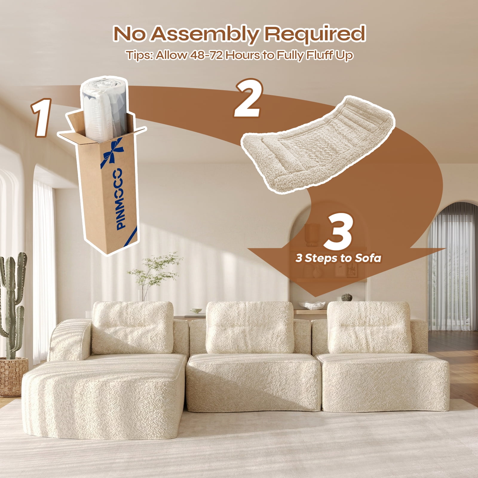 Pinmoco 111.8" Cloud Sectional Couch for Living Room, L-Shaped Modern Modular Couch with Deep Seat and Side Pockets, Upholstered Couches Boneless Sofa, No Assembly Required, Off White