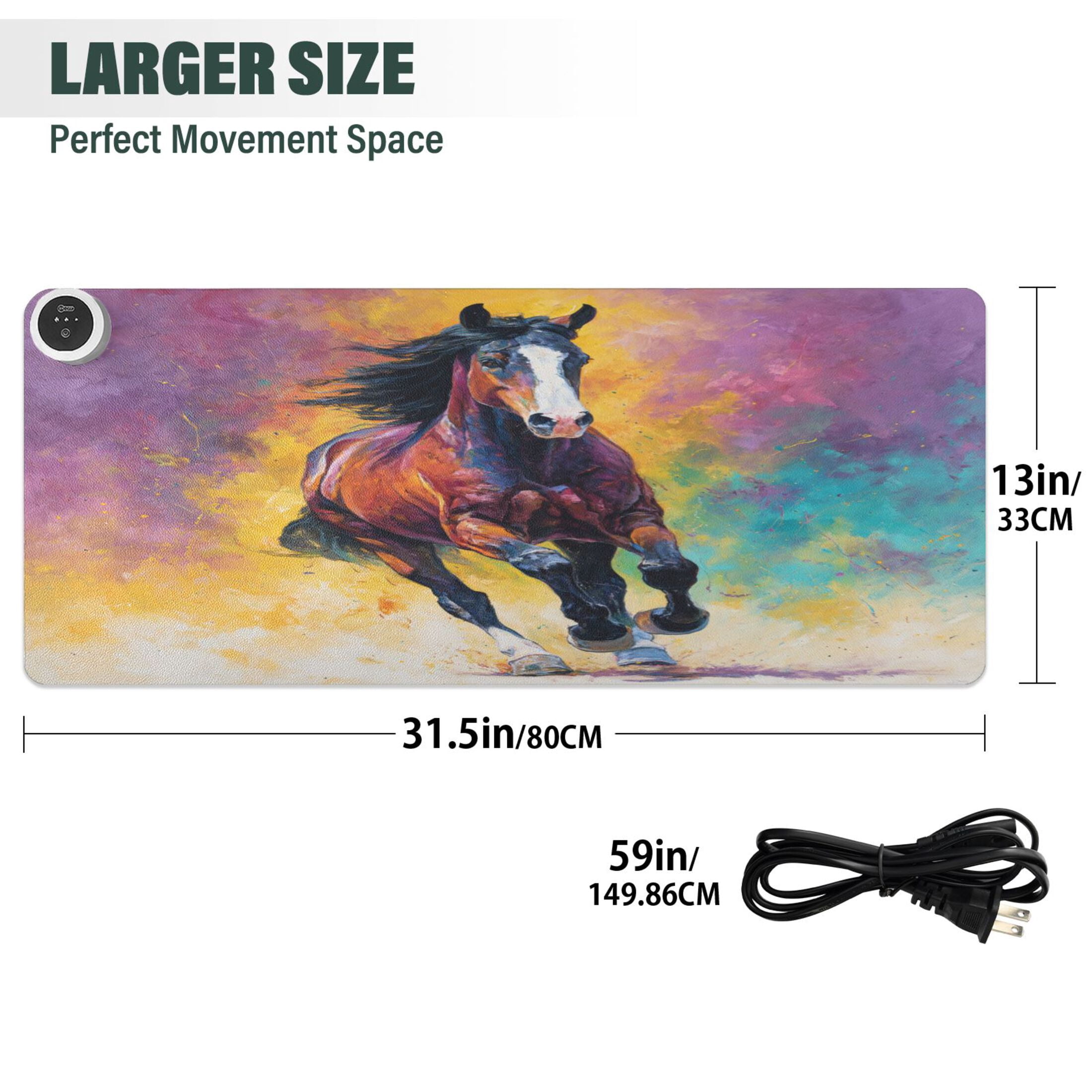 Large Heated Desk Mat Mouse Pad 31.5"x13"PU Leather Graphene Heating Desk Warmer with 3 Temperature Settings 110V US Plug Non-Slip Warm Pad for Home, Office, and Gaming Dynamic Equestrian Art Design