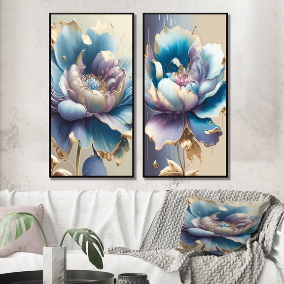 Designart "Icy Blue and Purple Watercolor Blossom I" Floral Framed Wall Art Set Of 2 - Blue Floral Gallery Wall Frame Set For Home Decor