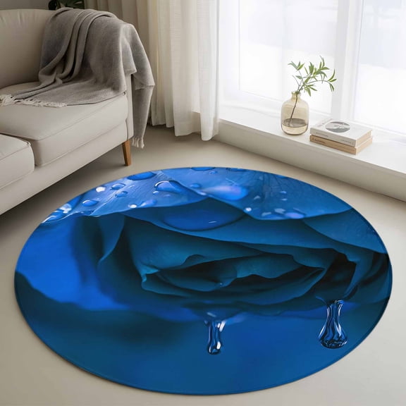 Round Rugs 3Ft, Blue Rose Round Area Rug Washable Indoor Throw Carpet, Elegance Fantasy Flowers Romantic Small Non Slip Circle Rug for Bedroom Living Room Home Decor Aesthetic