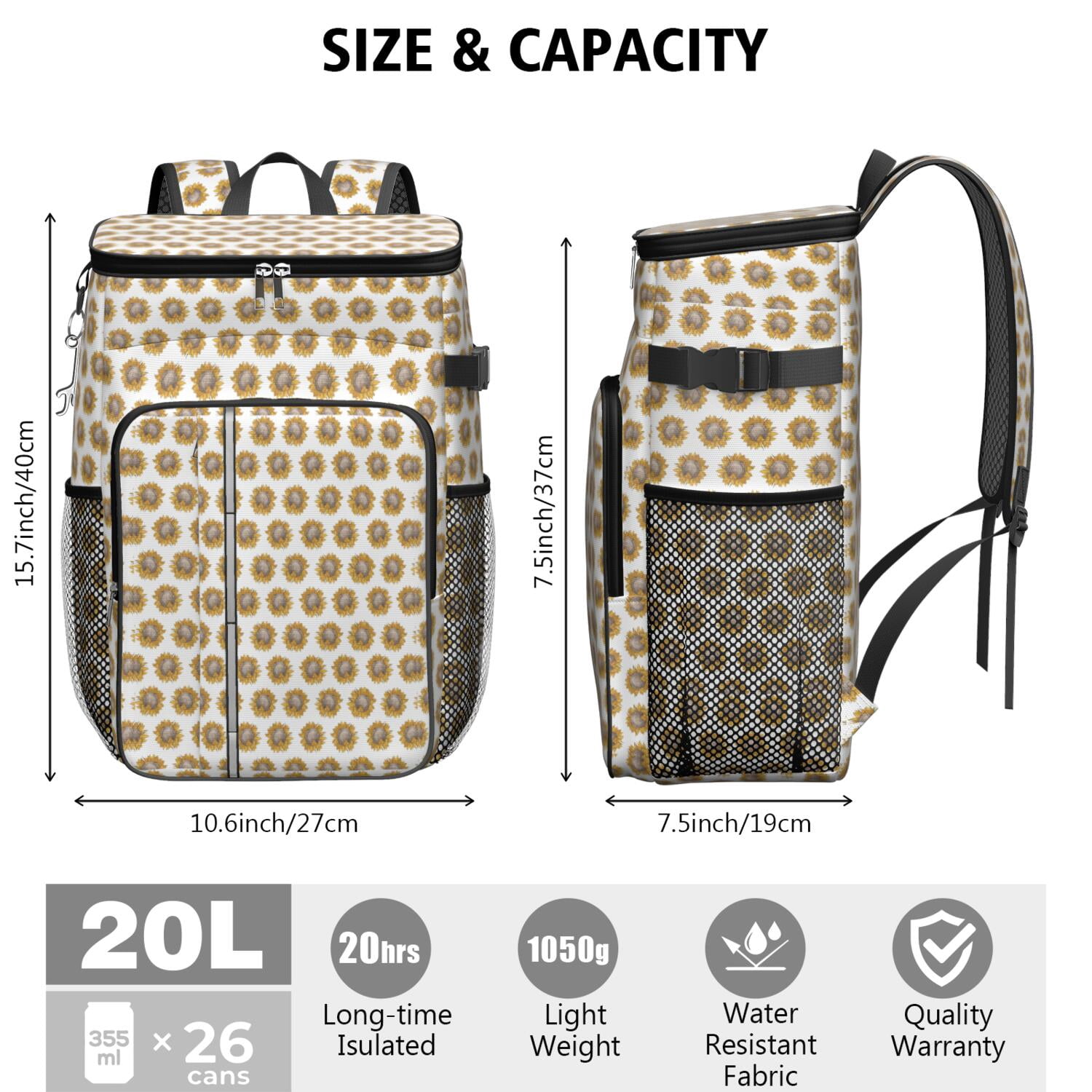 Travel Cooler Bag - White Sunflower Camping Beer Cooler Backpack with Bottle Opener- Waterproof Insulated Picnic Backpacks - Cooler Bag for Beach