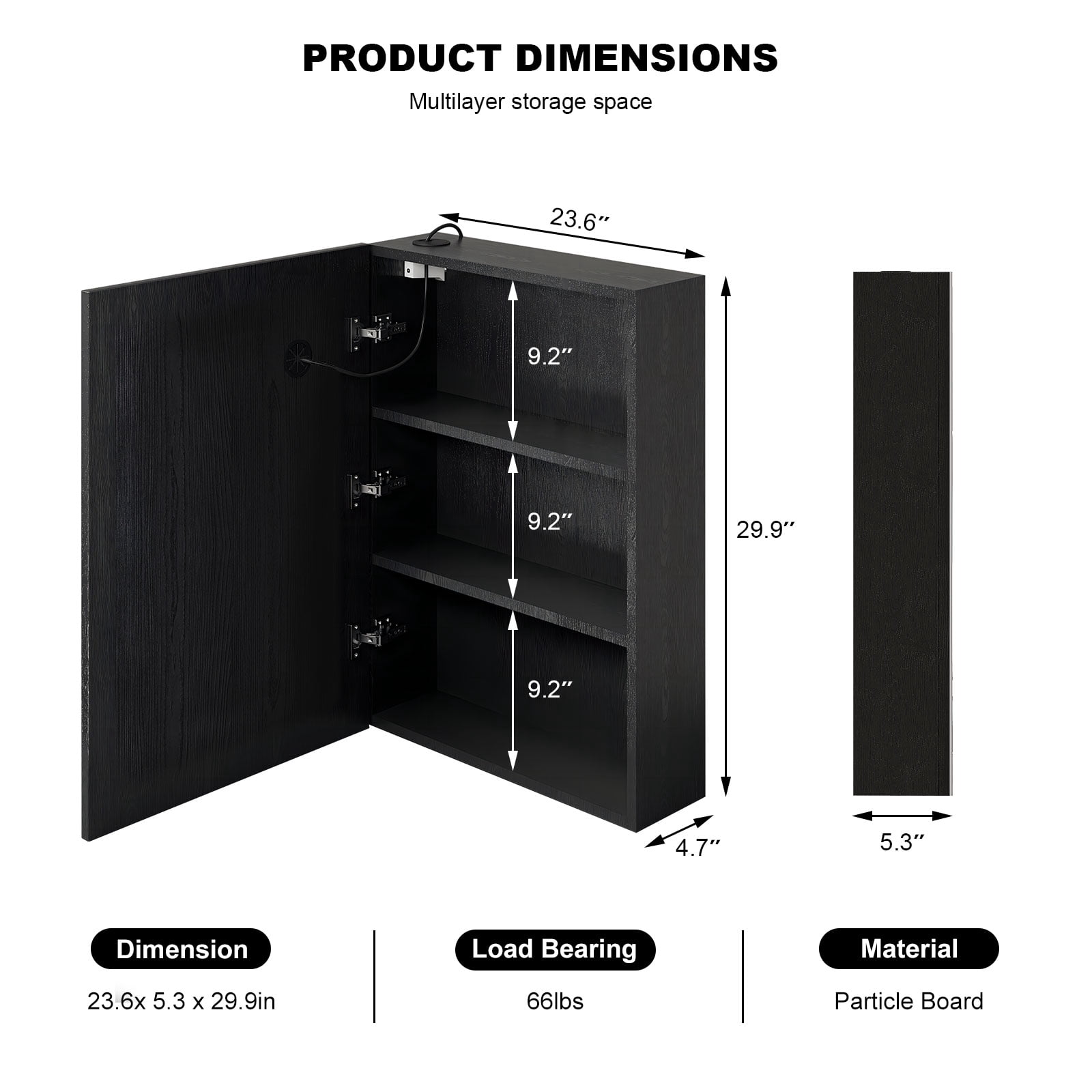 Hironpal LED Mirror Medicine Cabinet with Lights, 23.6"x 29.9" Wall-Mounted Bathroom Cabinet w/ Defogger, Dimmable, Memory function, Bathroom Mirror Cabinet,Black