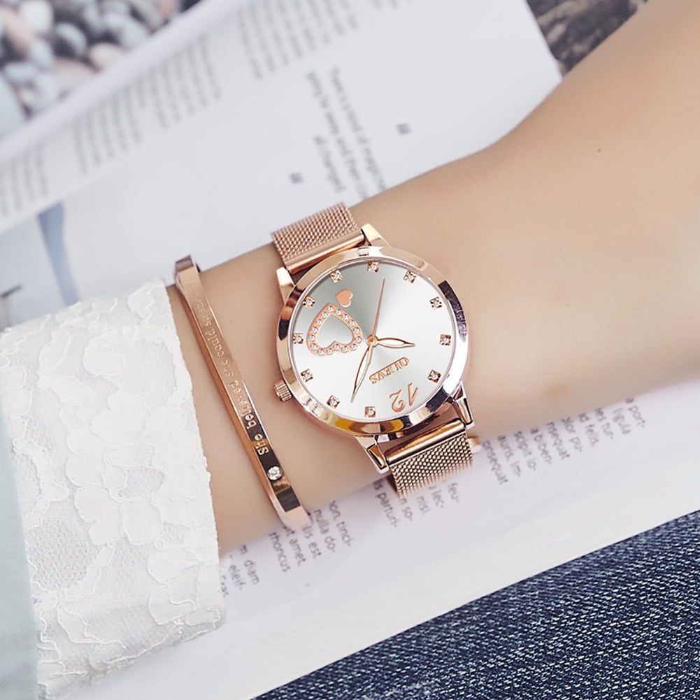 OLEVS Watches for Women Casual Dress Luxury Analog Quartz Mesh Strap Hearts Easy Read Waterproof Luminous Fashion Ladies Wrist Watches Gifts Relojes para Mujer White/Black