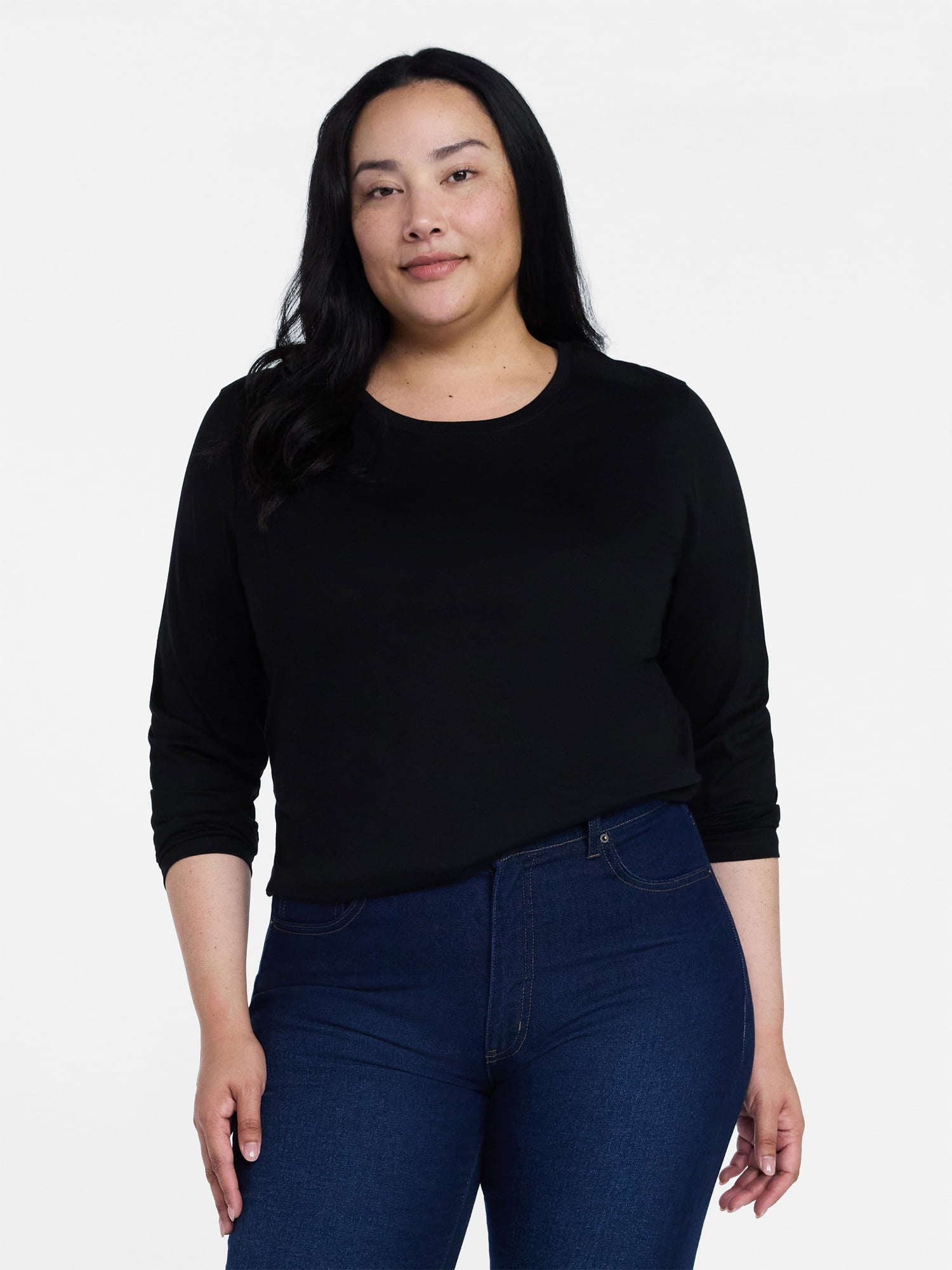 Time and Tru Women's Crewneck Tee with Long Sleeves, Sizes XS-XXXL