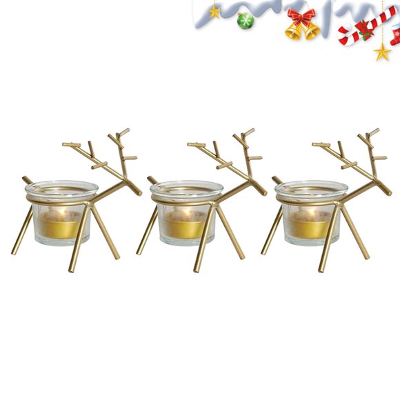 SHOWERORO 3Pcs Reindeer Tealight Holder Golden Art Metal for Tea Light Stand and Decoration