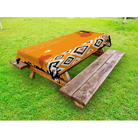 

Tribal Outdoor Tablecloth Ethnic African Design with Bold Lines Geometric Triangles Artwork Image Decorative Washable Fabric Picnic Tablecloth 58 X 120 Inches Black Orange and White by Ambesonne