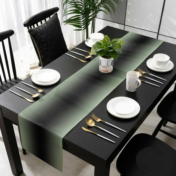 Sage Green Black Ombre Cotton Linen Small Table Runner 13 x 48 inch Gradient Contemporary Abstract Art Non-slip Rectangular Dining Table Decor for Wedding Party Holiday Dinner
