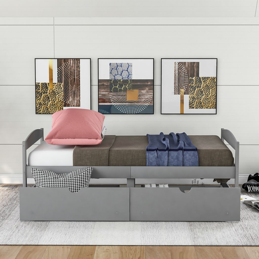 Modern Twin Size Platform Bed Frame with Two Long Drawers, Saving Space, MDF Bed Frame with Wooden Slat Support, for Living Room Bedroom, Gray - image 2 of 7