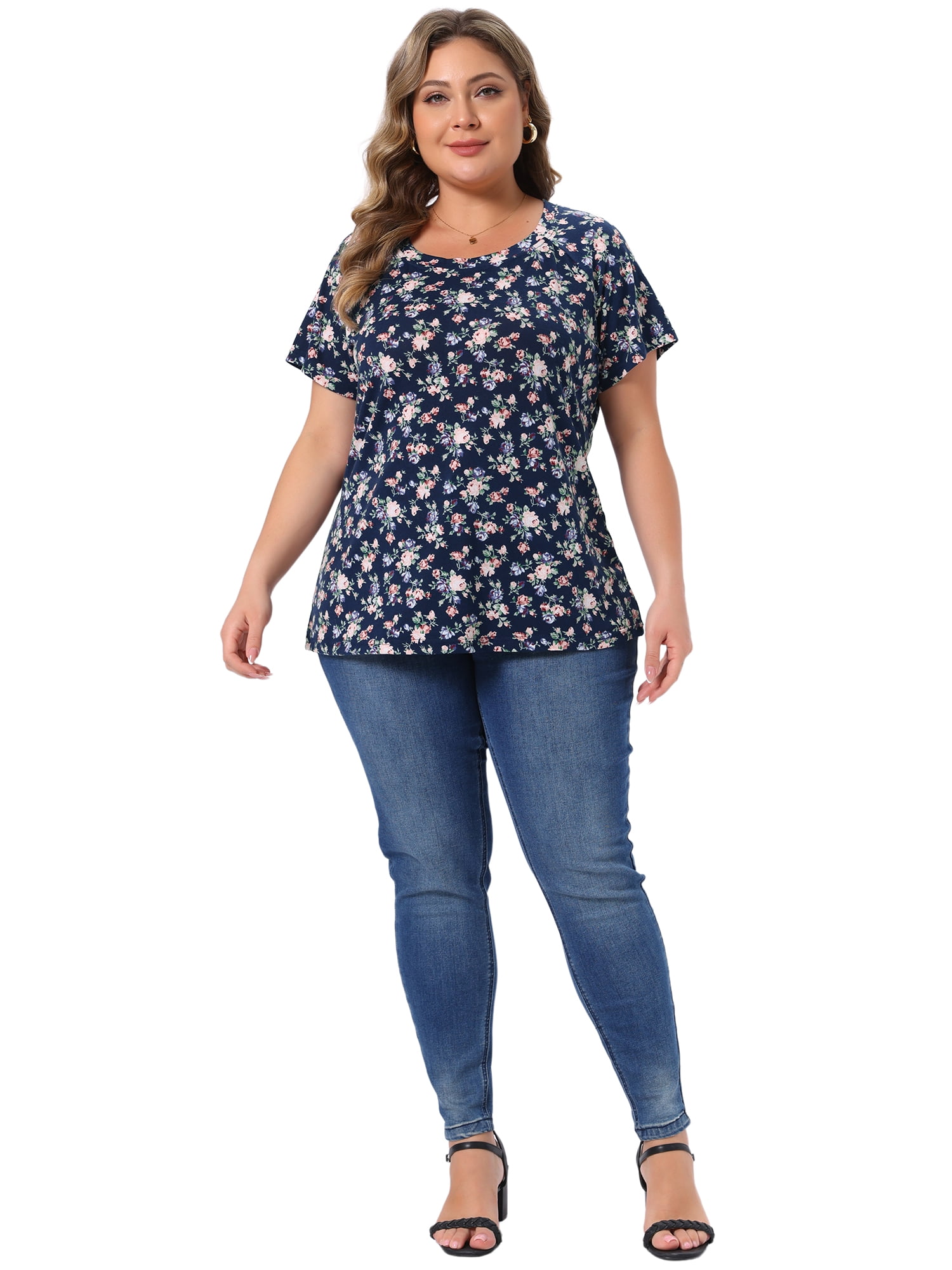 DARING DIVA Women's Plus Summer Casual Floral Top Blouse Round Neck Tee 3X Navy Blue