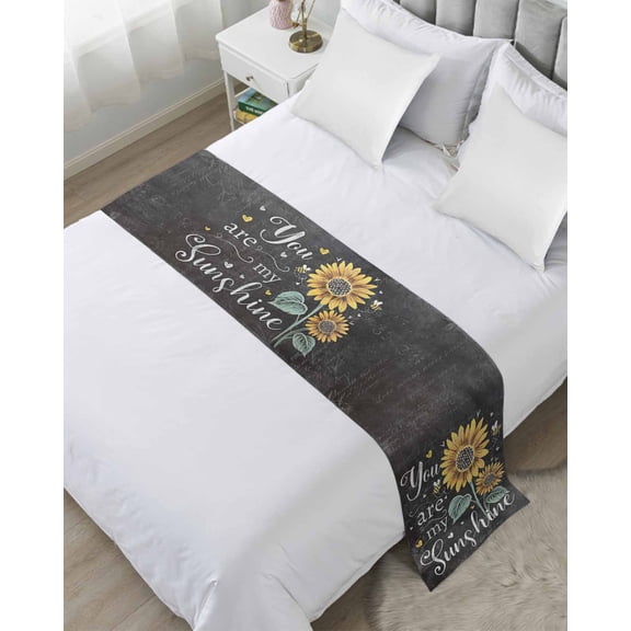 Bed Runner Scarf Queen Size, Sunflower Farmhouse Stain Bed Runners & Scarves for Foot of Beds, Summer Botanical Floral Black Decorative Bedding Runner Scarf for Hotel Home Bedroom